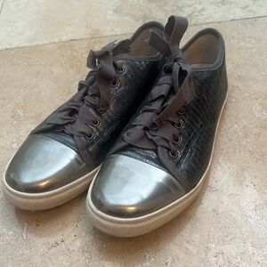 Lanvin Lizard-Embossed Low-Top Sneaker in Gunmetal with Grosgrain Laces and Trim